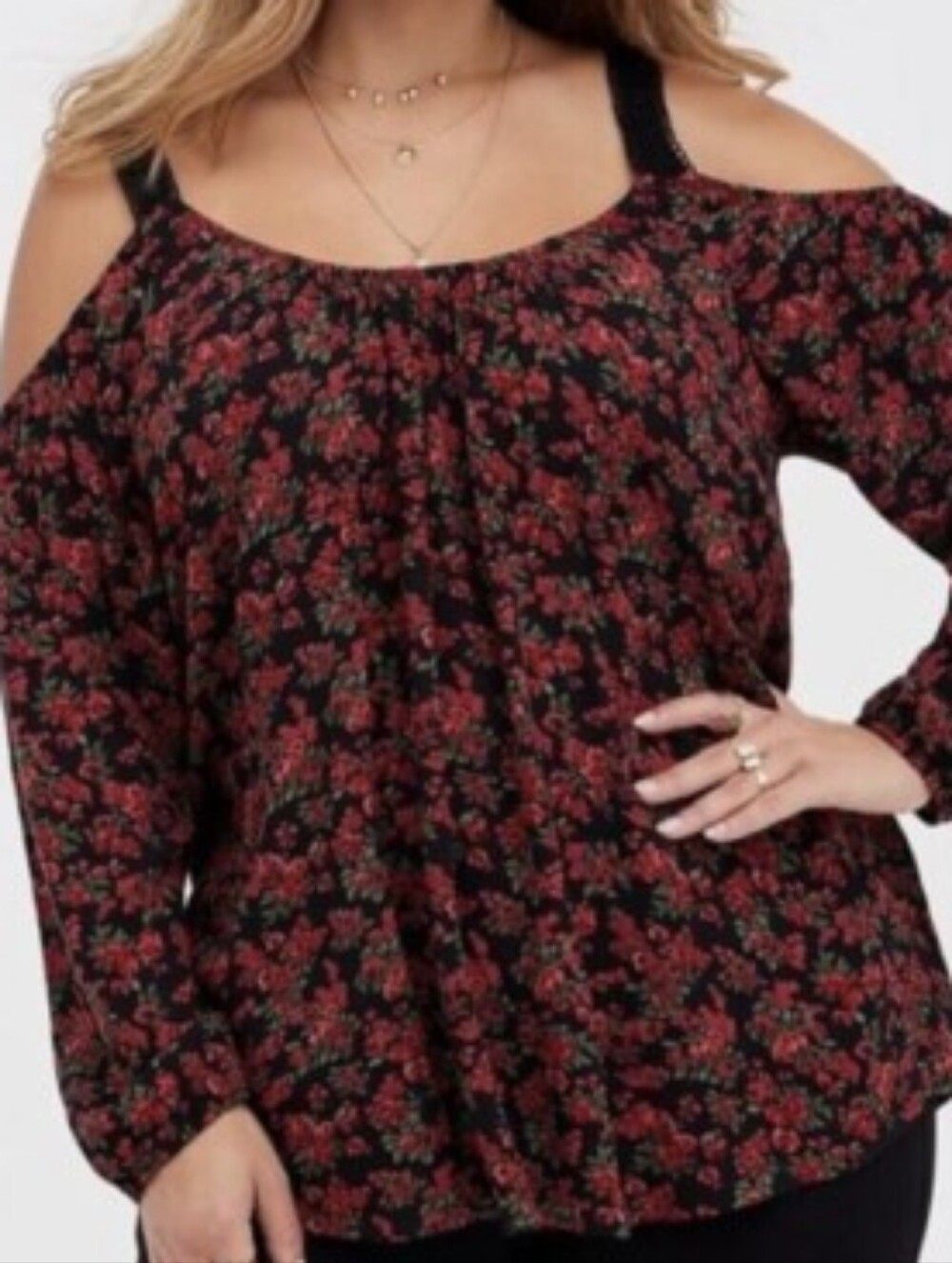torrid Black and Red Floral Cold Shoulder Boho Peasant Top